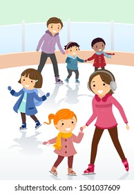 Illustration of Stickman Kids Ice Skating Indoors with their Coach Teaching Them