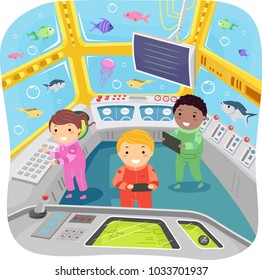 Illustration of Stickman Kids Inside a Control Room of a Submarine Learning About Fish and Underwater