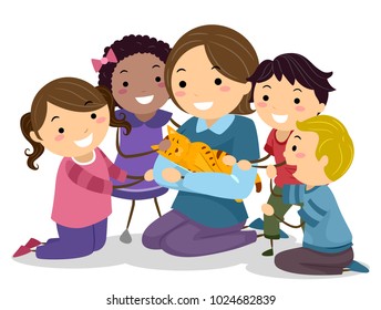 Illustration of Stickman Kids Interacting with a Tabby Cat Carried by their Teacher