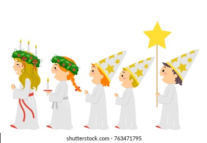 Illustration of Stickman Kids Joining a Saint Lucia Parade Wearing Lucia and Star Boy Costume