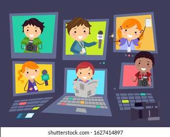 Illustration of Stickman Kids Journalist on Monitors or Screens in a Media Editing Room
