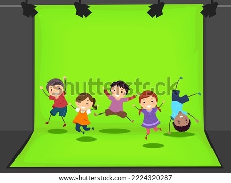 Illustration of Stickman Kids Jumping and Having Fun in Green Screen Inside a Studio