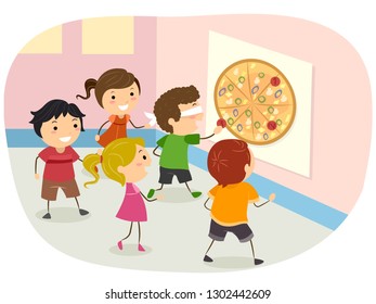 Illustration of Stickman Kids with the Kid Boy Blindfolded and Playing the Pin the Pizza Game