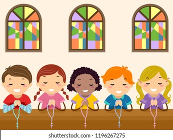 Illustration of Stickman Kids Kneeling and Praying the Rosary in Church