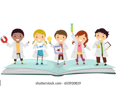 Illustration Of Stickman Kids In Lab Gowns On Top Of A Science Book Holding Experiments