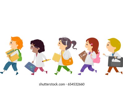 Illustration of Stickman Kids in Lab Gowns Holding Books Going to School