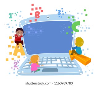 Illustration of Stickman Kids with Laptop, ABC, 123 and Pixels