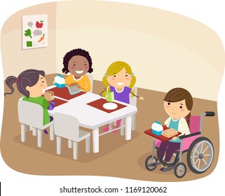 Illustration of Stickman Kids Laughing At and Pointing At a Kid Girl in Wheelchair at the Canteen