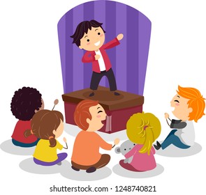 Illustration of Stickman Kids Laughing and Watching a Friend Performing on Stage