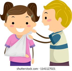 Illustration of Stickman Kids Learning About Placing an Arm Sling as Part of First Aid