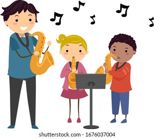 Illustration of Stickman Kids Learning Saxophone From Their Teacher