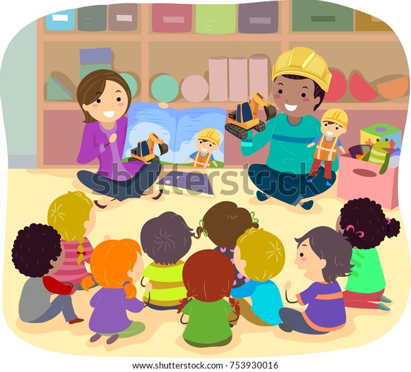 Illustration of Stickman Kids Listening to a Construction Story in Class. Female Teacher Holding Book and Male Teacher Holding Toy and Puppet
