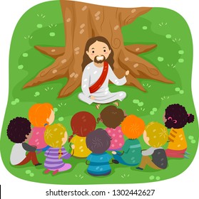 Illustration of Stickman Kids Listening to Jesus Christ Sitting Down Under the Tree