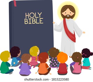 Illustration of Stickman Kids Listening to Jesus Christ Talking with Bible