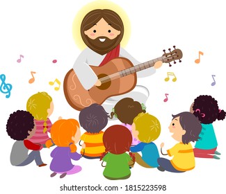 Illustration of Stickman Kids Listening to Jesus Christ Playing the Guitar