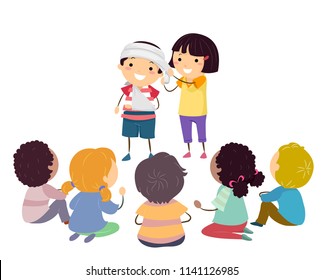 Illustration of Stickman Kids Listening and Learning How to Apply Bandage Over Injuries