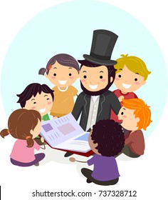 Illustration of Stickman Kids Listening to a Man Wearing Abraham Lincoln Costume Read a Book