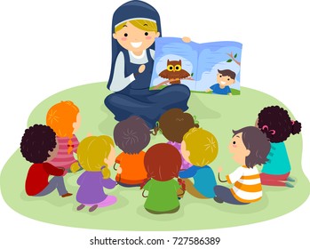 Illustration Of Stickman Kids Listening To A Nun Telling A Story From A Book