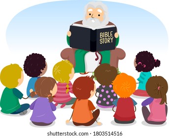 Illustration Of Stickman Kids Listening To A Senior Man Reading Bible Stories