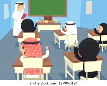 Illustration of Stickman Kids Listening to Teacher Reading a Book in Classroom