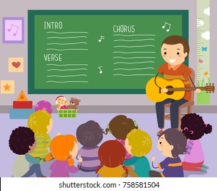 Illustration of Stickman Kids Listening to a Teacher Playing the Guitar and Teaching about Songs