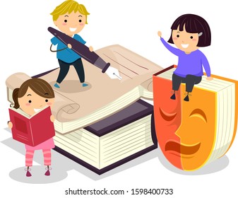 Illustration Of Stickman Kids With Literary Writing Books With Fountain Pen