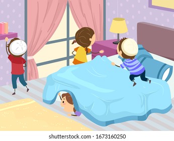 Illustration of Stickman Kids Looking For Afikoman Inside a Bedroom for Passover