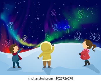 Illustration of Stickman Kids Looking at the Aurora Borealis with Numbers in the Sky