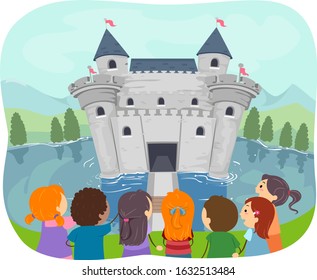 Illustration of Stickman Kids Looking at a Castle with Moat Surrounding It