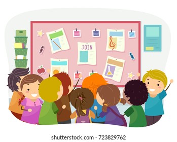 Illustration of Stickman Kids Looking at Club Invitations on Bulletin Board