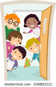 Illustration Of Stickman Kids Looking Out From Inside A Math Class Door Holding Work Sheets And Rulers