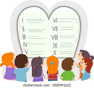 Illustration of Stickman Kids Looking at the Ten Commandments Tablet