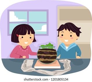 Illustration of Stickman Kids Looking at their Worm Farm and Observing the Earthworms Through the Glass