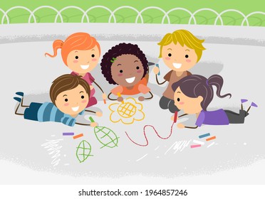 Illustration of Stickman Kids Lying Down at the Park and Doodling Using Chalks