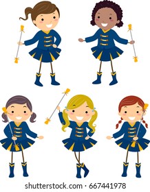 Illustration of Stickman Kids in Majorette Uniforms in Different Poses