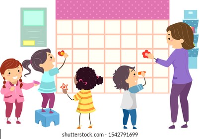 Illustration of Stickman Kids Making a Big Monthly School Calendar in Class with their Girl Teacher