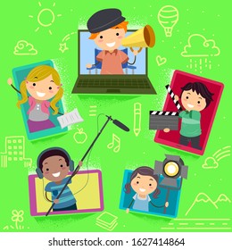 Illustration Of Stickman Kids Making Movie With Clapper, Mic, Lights, Script And Director Megaphone Using Mobile Phone, Laptop And Tablet