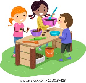 Illustration Of Stickman Kids Making A Mud Pie In The Garden