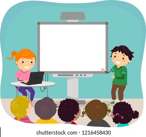 Illustration of Stickman Kids Making a Presentation in Class with a Laptop and a Blank Screen Board