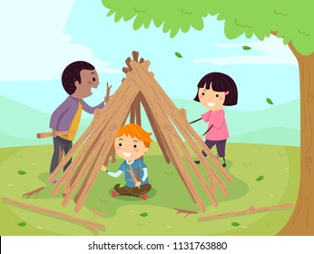 Illustration of Stickman Kids Making a Teepee in the Garden