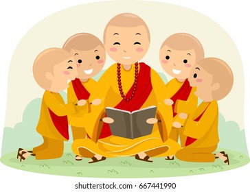 An Illustration of Stickman Kids and a Man Reading a Book Outside, Monks