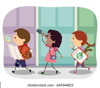 Illustration of Stickman Kids with Map, Compass, Binoculars, Camera and Book Exploring their City