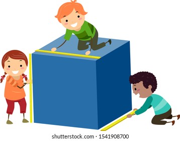 Illustration of Stickman Kids Measuring a Cubes Height, Width and Length for Geometry Class