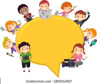 Illustration of Stickman Kids with News or Media Tools with Blank Speech Bubble