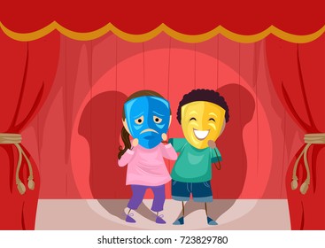 Illustration of Stickman Kids on Stage Wearing a Happy and a Sad Mask Each