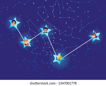 Illustration of Stickman Kids on Stars in Cassiopeia Constellation