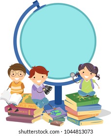 Illustration of Stickman Kids On Top of Geography Books with Blank Globe Frame