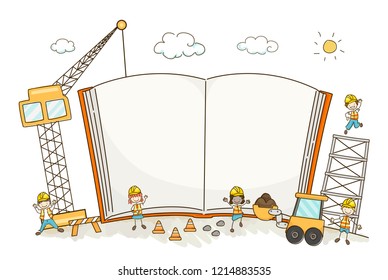 Illustration of Stickman Kids in an Open and Blank Construction Book with Crane and Excavator