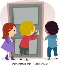 Illustration of Stickman Kids Opening a Locked Door Using a Key