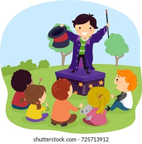 Illustration of Stickman Kids Outdoors Watching their Friend Perform Magic on Stage